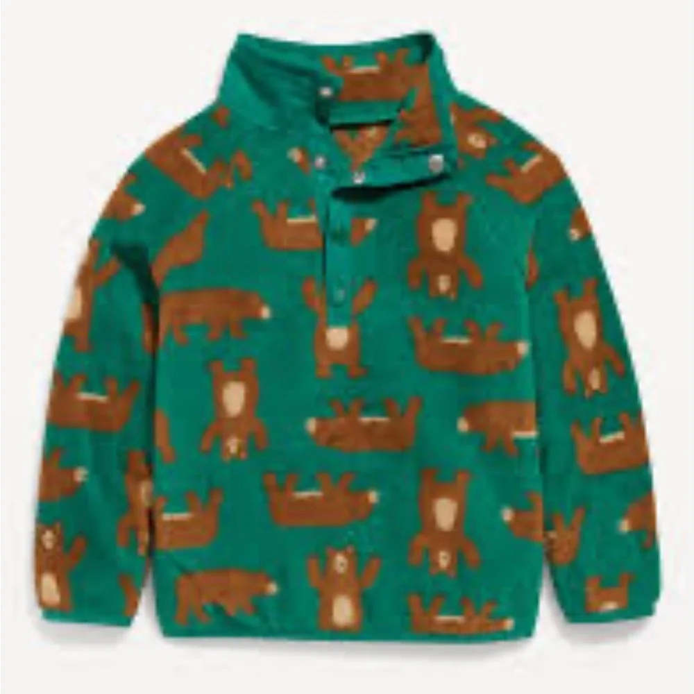 Old Navy Long-Sleeve 1/4 Snap-Button Microfleece Sweater Teal Bear Fleece 5T